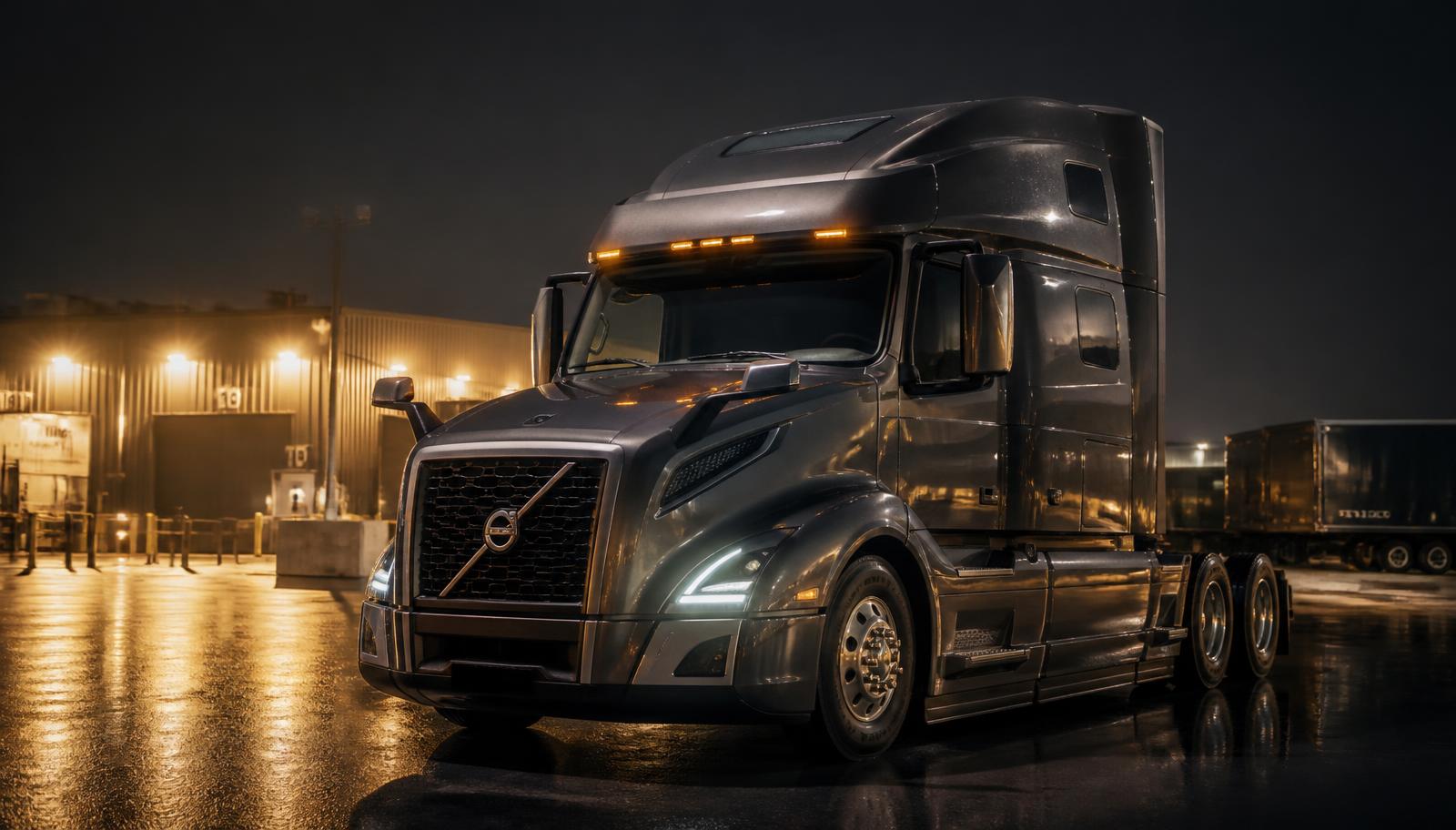 Modern Volvo sleeper truck at a lit terminal at night