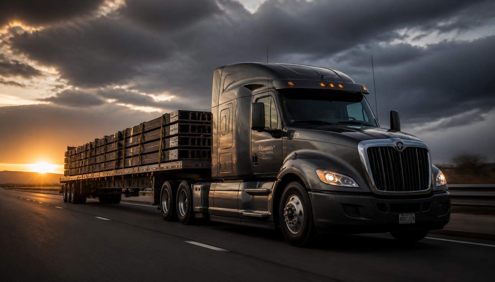 Flatbed semi truck hauling secured steel on an Illinois highway